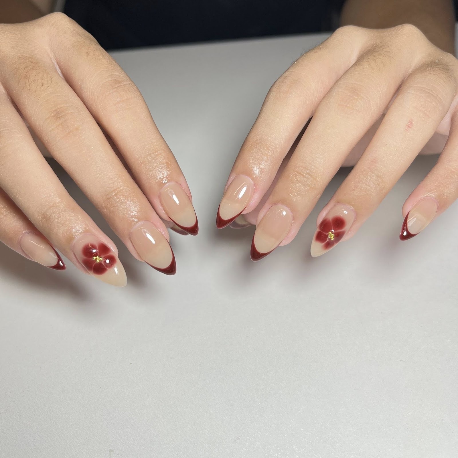 burgundy French tips flower nails